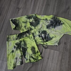 Tie-Dye Biker Short & Top Set - Lime & Charcoal SMALL SM S